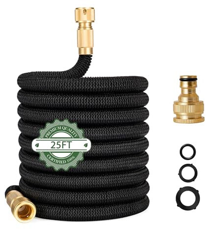 25FT Expandable Garden Hose, Never Kink Flexible Retractable Garden Hose Pipe for Garden Watering Lawn Pet Bathing Car Washing (Black Reaching 25FT After Expansion)