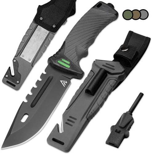 naifu® - The Hunter X - GRIGIO - Coltello sopravvivenza a lama fissa da 12 cm in acciaio inossidabile - Coltello da caccia - Sopravvivenza - Bushcraft - Accendino e affilatore inclusi