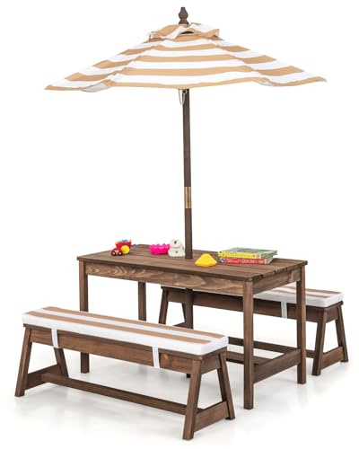 SOARS Set di Tavolo Picnic per Bambini con Ombrellone Regolabile, Panche per Bambini in Legno di Abete con Parasole e Cuscini Morbidi, Tavolo e Panchine Pranzo da Giardino e Parco (Marrone)