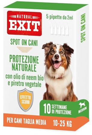 Natural Exit - Spot On Antiparassitario Naturale Per Cani, 5 Pipette Richiudibili Lunga Durata, Protegge Da Parassiti, Zecche, Pulci, Pidocchi (10-25 Kg - Taglia Media)