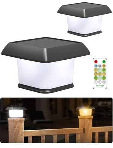 INTELAMP Solar Pfostenkappen Licht Mit Fernbedienung, 2 Stück Solar Pfostenleuchte Außen, Weißes/WarmesWeiß/WarmesGelb, Drei Farbtemperaturen Wasserdicht Solar-Pollerleuchten für Holzpfostenzaun