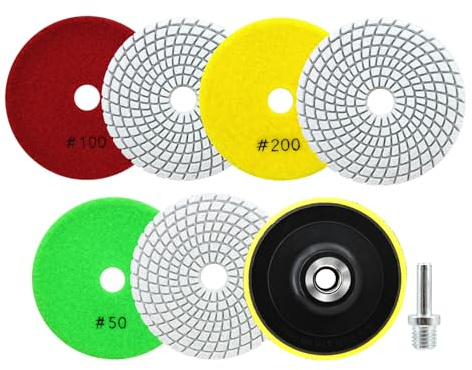 SANLEETEK Disque Polissage Diamant - 6 Pièces Tampon Polissage Diamant 100mm Grain 50x2/100x2/200x2 avec M14 Support Pads+Adaptateur pour Granit Marbre Pierre Artificielle Quartz