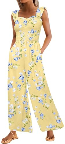 Caracilia Womens Jumpsuit Sleeveless Casual Dressy Smocked Wide Leg Rompers Summer Vacation Jumpers with Pockets 2026 Outfits Yellow Blue Flower Medium