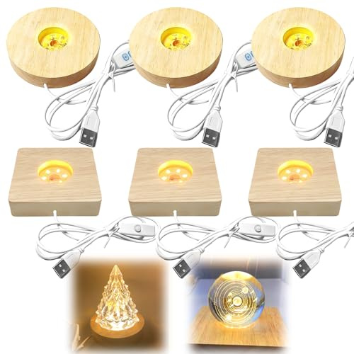 6 lampadine a LED in legno, 3 rotonde + 3 rettangolari, illuminazione in legno regolabile, base luminosa a LED, 3 colori, supporto USB per sfere di cristallo, vetro, gioielli, acrilico e resina