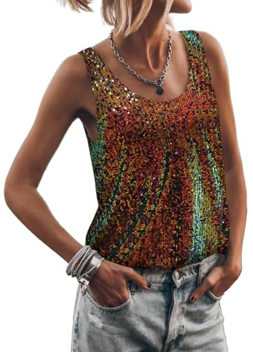 EUDOLAH Women's Casual and Fashionable Round Neck Sequin Shimmering Sleeveless Sexy Club Party Base Vest (X-Large, Blue)