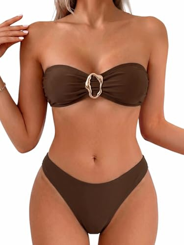 Fanuerg Bikini Bandeau sans Bretelles pour Femme - Maillot de Bain Deux pièces à Nouer dans Le Dos - Coupe Haute, Marron, Taille L