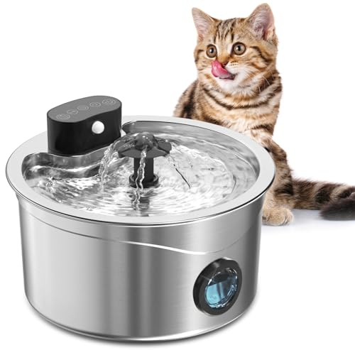 Cat Water Fountain for Drinking 2.6L Stainless Steel Pet Water Fountain Ultra Silent Wireless Cat Drinking Fountain with 2 Nozzles and 3 Pack Filters& LED Dishwasher Safe 4000mah Battery Operated