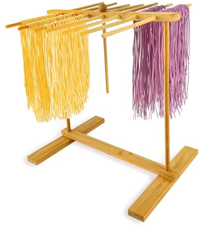 Bamboo-Pasta-Drying-Rack With Transfer Wand & 14 Arms, Large Tall Collapsible Fresh Pasta Dryer Holder For Homemade Noodle, Spaghetti, Tagliatelle, Detachable Fettuccine Hanger Stand With 14 Bars