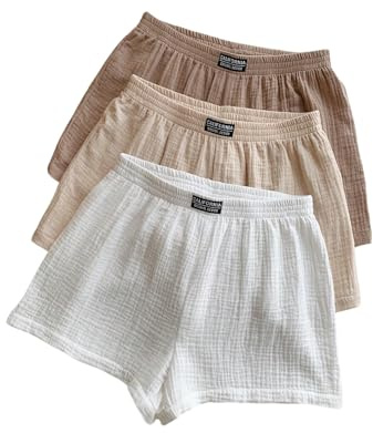 SOLY HUX Women's Summer Shorts 3 Packs Casual Comfy Shorts Sets | Waffle Knit, Elastic Waist, Wide Leg, Soft, Beach Outfits, Lounge Shorts, Beige White Multi, Medium