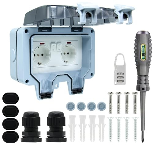 Enchufe de Exterior Impermeable Toma de Corriente IP66 con Interruptor doble conexión,Conector de Cable y Tapa Abatible,para Cocina Baño Garaje Piscina y Jardín (MPG2-GSN, 1 Piezas)