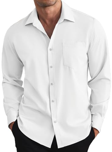 COOFANDY Camicia a Maniche Lunghe da Uomo Camicie Casual con Bottoni Camicia da Lavoro Business Stretch Camicie Formale Bianco XL