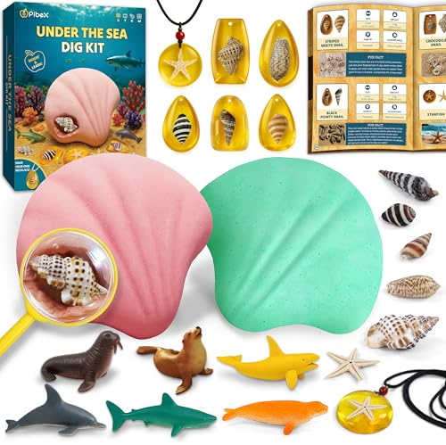 PIBEX Under-the-Sea Dig Kit – Dig & Discover 18 Real Shell Fossils, Amber Jewelry & Sea Animal Creatures – Ocean Necklace Making & STEM Excavation Activity Toy for Kids Ages 6+