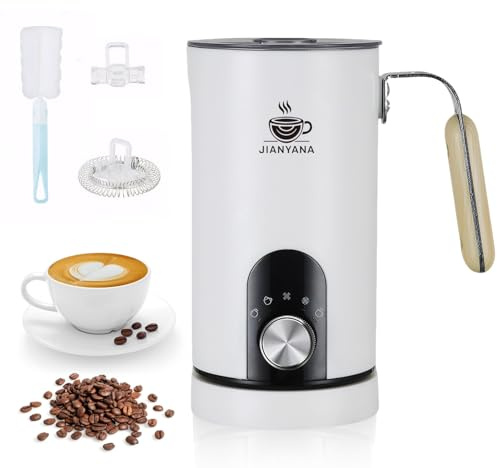 JIANYANA Elektrischer Milchaufschäumer 5-in-1,350ml Edelstahl Milchschäumer Heiß & Kalt mit,Leise,Für Dicken Schaum,Dünnen Schaum,Heiße Milch–Inkl.Schneebesen für Cappuccino,Latte,Kakao(Weiß)