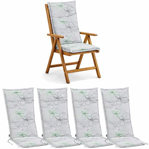 BURI Lot de 4 coussins pour chaises de jardin à dossier haut - 120 x 48 x 7 cm - Rembourrés - Résistant aux UV - Motif floral - Avec rembourrage en mousse épaisse - Gris