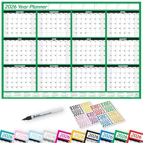PlannerHead 2026 Laminated Wall Planner Calendar Chart Poster/Yearly Calendar 2026 / Grid Style 12 Months with Pen & 400 Stickers / 2027 Footnote Included/Green/Medium (35x49cm)
