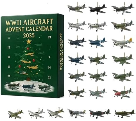 WWII Aircraft 2D Advent Calendar 2025, 24 Days Christmas Countdown with 24 Flat Mini Warbirds, Surprise Gift for Model Collectors, History Buffs & Aviation Lovers
