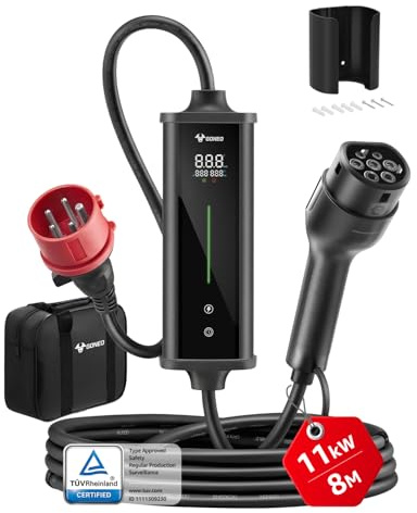 GONEO 11 kW typ 2 EV-laddare, 3-fas 16 A, CEE-kontakt (6–16 A, justerbar), 8 m bärbar laddkabel, mobil vägglåda med LCD-skärm, timer och IP66 för elbil