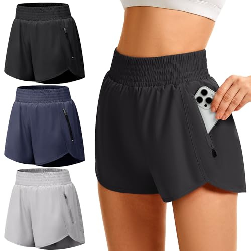 GetGigt 3-pack löparshorts för kvinnor med blixtlåsfickor elastiska hög midja gym kort med foder för damer sport träning yoga, Svart, marinblå, ljusgrå, S