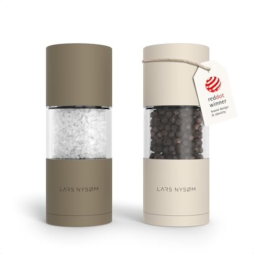 LARS NYSØM Salt- och pepparkvarnset i rostfritt stål med justerbar keramisk malverk 2 stycken I Design kryddkvarnset manuellt (2-pack) (Brown/Beige)