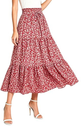 DOINEUFL Womens Skirts Midi Skirt for Women UK Summer Casual Ladies Skirts Elasticated Waist Boho Floral Tiered Ruffle Skirt