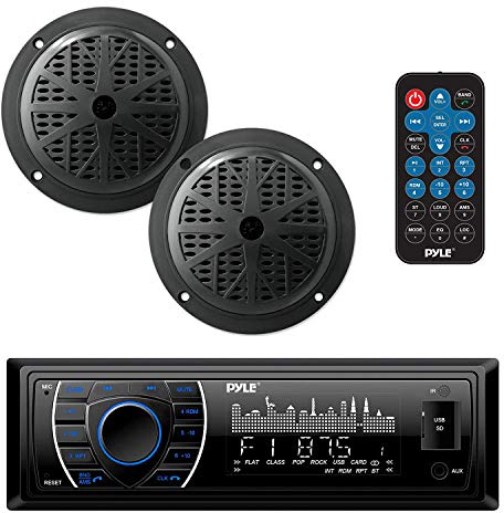 Pyle Marine Headunit Receiver Speaker Kit - In-Dash LCD Digital Stereo Built-in Bluetooth & Microphone w/ AM FM Radio System 5.25’’ Waterproof Speakers (2) MP3/SD Readers & Remote Control-PLMRKT46BK