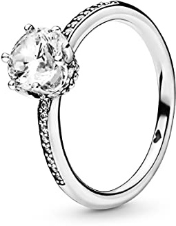 PANDORA Signature Anillo con diseño de corona centelleante transparente de plata de ley con circonitas cúbicas transparentes, talla 50