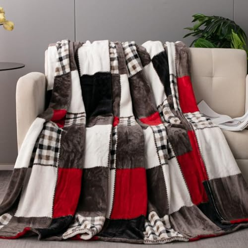 Tache Holiday Red Farmhouse Super Soft Micro Fleece Plaid Patchwork Plush Lightweight Dual-Sided Decorative Couch, Sofa, Travel, Lap, Bed Throw Blanket, 50x60