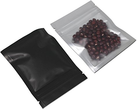 100 stycken matt mylar förvaringsväskor mat aluminiumfolie påsar fram klar plast förpackning dragkedja varmförsegling återförslutningsbar (matt svart, 8,5 x 13 cm (3,3 x 5,1 tum)
