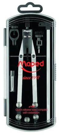 Maped - Compás de Precisión - Compás Técnico Bigotero con Alargadera - Ajuste Rápido - Incluye 1 Adaptador Bolígrafo, 1 Estuche de Minas, 1 Tuerca de Recambio y Alargador Externo de 140 mm