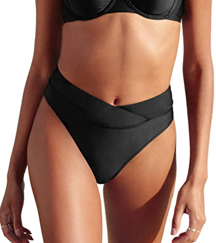 CUPSHE Damen Bikinihose Wickel High Waist Bikini Badehose High Cut Cheeky Hipster Bikini Slip Schwarz L