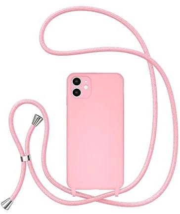 UEEBAI Crossbody Lanyard telefonfodral för iPhone 11 6,1 tum, silikon telefonskydd med justerbart halsbandsrem mjukt bälte nacksnöre snodd stöttåligt skyddsfodral – rosa