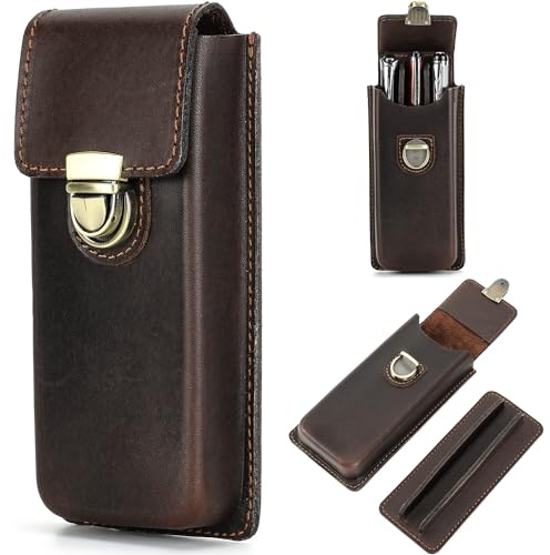 CataPurus Top Grain Genuine Leather 3 Pen/Pencil Tray Case Organizer, Minimalist Fashion Design No Logo, Handmade, Plug-in Lock with Drawer, Gift Choice for Man/Woman/Office, Glossy Coffee, 3 Slots