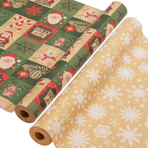Ahfulife 2 Rollos Papel Regalo Navideño, 43cm x 15M per Rollos Papel Embalaje Navideño Reciclables Caja de Embalaje de Papel Kraft Decoración de Fiesta (A: Papá Noel/Copos de Nieve)