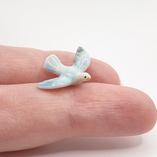 WitnyStore Tiny ¾ Inch Light Blue Flying Dove Pigeon Bird Figurine - Miniature Hand Made Painted Ceramic Birds Aves Colorful Porcelain Feathered Animals Cute Decorative Collectible Figure Décor Gifts