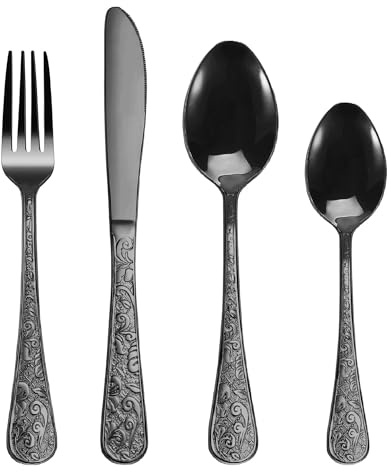 SHEUMNT 24-Piece Black Vintage Carved Silverware Set for 6 | Stainless Steel Flatware Set with Knife/Fork/Spoon, Cutlery Set for Home and Kitchen, Utensil Set with Dishwasher Safe