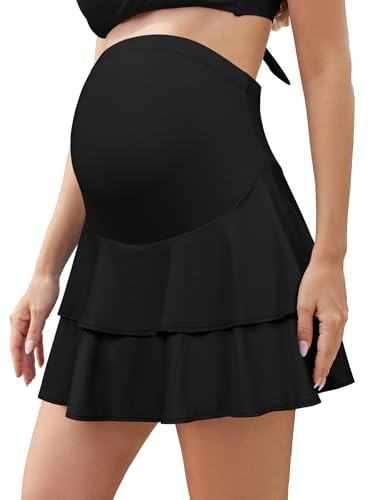 SHEKINI Maternity Ruffled Skirt Over and Under Belly Pregnancy Flowy Skorts | High Waisted, Athletic, Built-in Shorts, for Tennis Golf