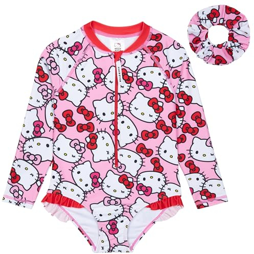 Hello Kitty Maillot de Bain Fille Une Pièce à Manches Longues avec Chouchou Cheveux Maillot de Bain Enfant et Ado pour Piscine Plage Vacances