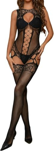 NLAND Ensemble Lingerie Femme Body en Dentelle Tulle avec Bas Jarretelles en Dentelle Ensemble de sous vêtements Jacquard avec Cuisse Haute,Noir Taille unique