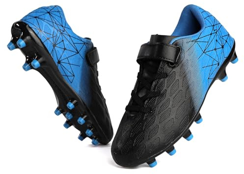 Skerxut Soccer Cleats, Kids Firm Ground Football Shoes, Boys Girls Athletic Outdoor (Black/Blue, Big Kid, 2, Numeric, US Footwear Size System, Medium)