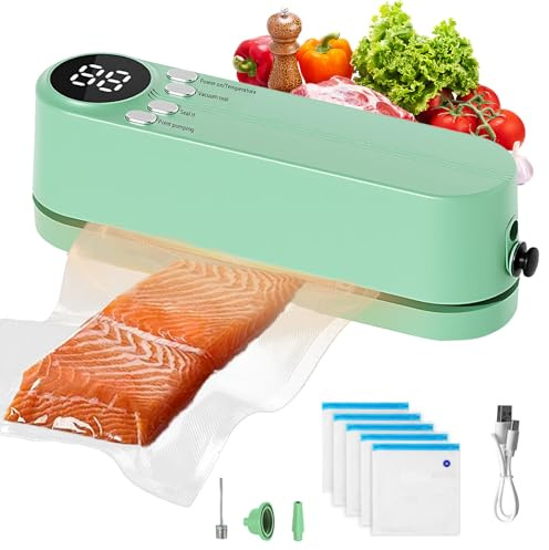 Mini Vakuumiergerät, 60 KPA Vakuumierer, Wiederaufladbar Folienschweißgerät mit 3 Temperaturstufen, 5 Beutel 1 Inflator Adapte und 2 Luftabsaugadapter für Aufbewahrung frischer Camping Reisen
