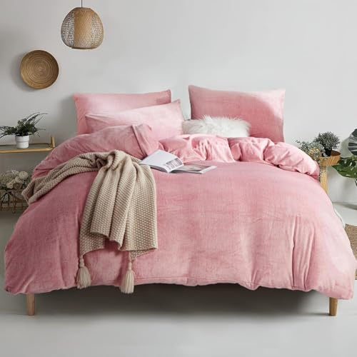 YASMENG Housse de Couette Flanelle 220x240 Hiver Chaude Rose Velours Laitier Parure de Lit Polaire Doux Douillet Duveteux Linge de Lit 2 Personne avec Fermeture Éclair et Taies d'oreiller 65x65 cm