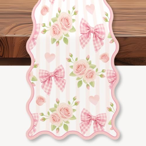 WADORN Runner da tavola con fiocco rosa floreale smerlato, 182 x 33 cm, strisce bianche e rosa, in lino, decorazione per cucina, sala da pranzo, scrivania, per cucina, vacanze, feste, cassettiera
