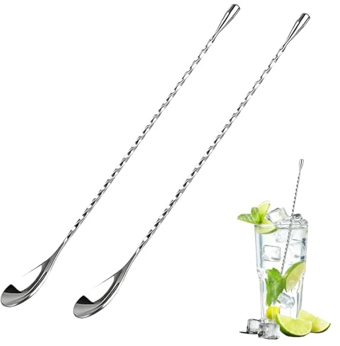 2 cucchiai da bar in acciaio inox per mescolare cocktail da 30 cm, cucchiaio lungo con design a spirale, cucchiaio da bar con manico ponderato, facile da pulire in bar, ufficio, casa, per cocktail