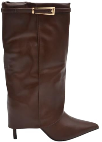 Stivale Donna Meta' Polpaccio Shark Punta in Pelle Marrone con Risvolto Fibbia Oro Tacco Spillo 8 cm (40 EU)