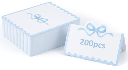 SUPERFINDINGS 200 tarjetas de lugar en blanco, tarjetas de lugar con lazo azul, 10,2 x 9 cm, tarjetas de asiento de boda, bufé, etiquetas de alimentos, tienda de campaña, tarjeta de nombre para mesa