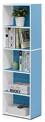 Furinno LUDER Book Shelf, 5-Cube Bookshelf, Bookcase with Open Shelf, 9.4 x 15.8 x 52, for Living Room, Bedroom, Home Office, White/Light Blue
