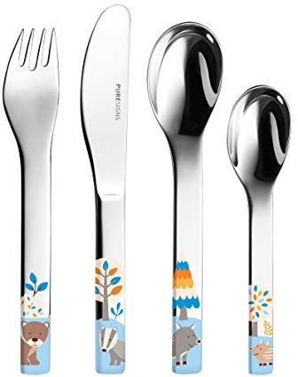 Puresigns Ergonomisches Kinderbesteck-Set 4-teilig aus Edelstahl 18/10 – Sicher & Langlebig – Waldtiere-Motive (Bär, Dachs, Wildschwein) – Spülmaschinenfest – Ideal für Kleinkinder & Esslernbesteck