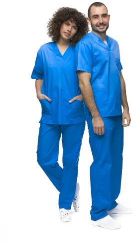 Unisex Medicinskt Uniformsset med Kasäck och Byxor, Medicinskt Skrubset, Vård Yrkeskläder, Ljusblå, XL