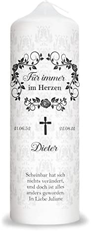 GRAVURZEILE Trauerkerze im Rosenkranz Design mit Namen, Datum & Wunschtext - Hochwertige Stumpenkerze 250/80 mm brilliant bedruckt - Trauerdekoration für das Grab - Geschenk für die Trauernden
