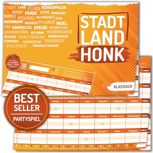 Stadt Land Honk® innovatives Stadt Land Fluss Gesellschaftsspiel | 50 Blatt für extra langes Spielerlebnis | Stadt Land Fluss Block (A4) | Familien Spiel für Jung und Alt | Spieleabend Partyspiel
